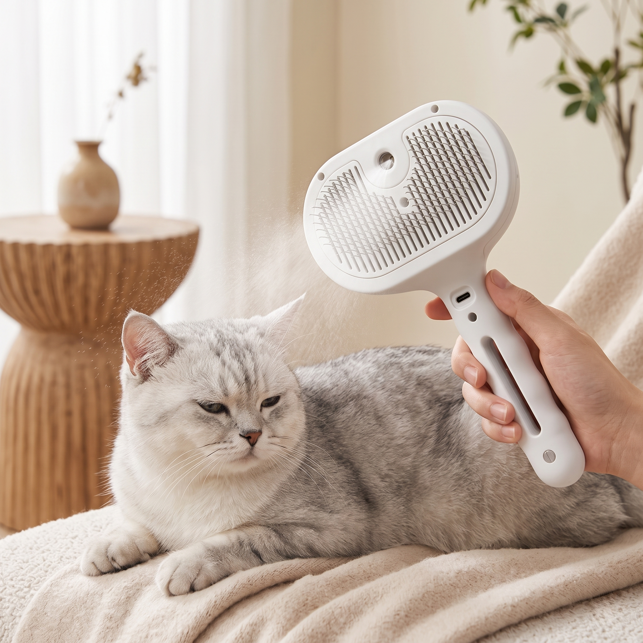 3-in-1 Pet Grooming Spray Brush, Self-Cleaning