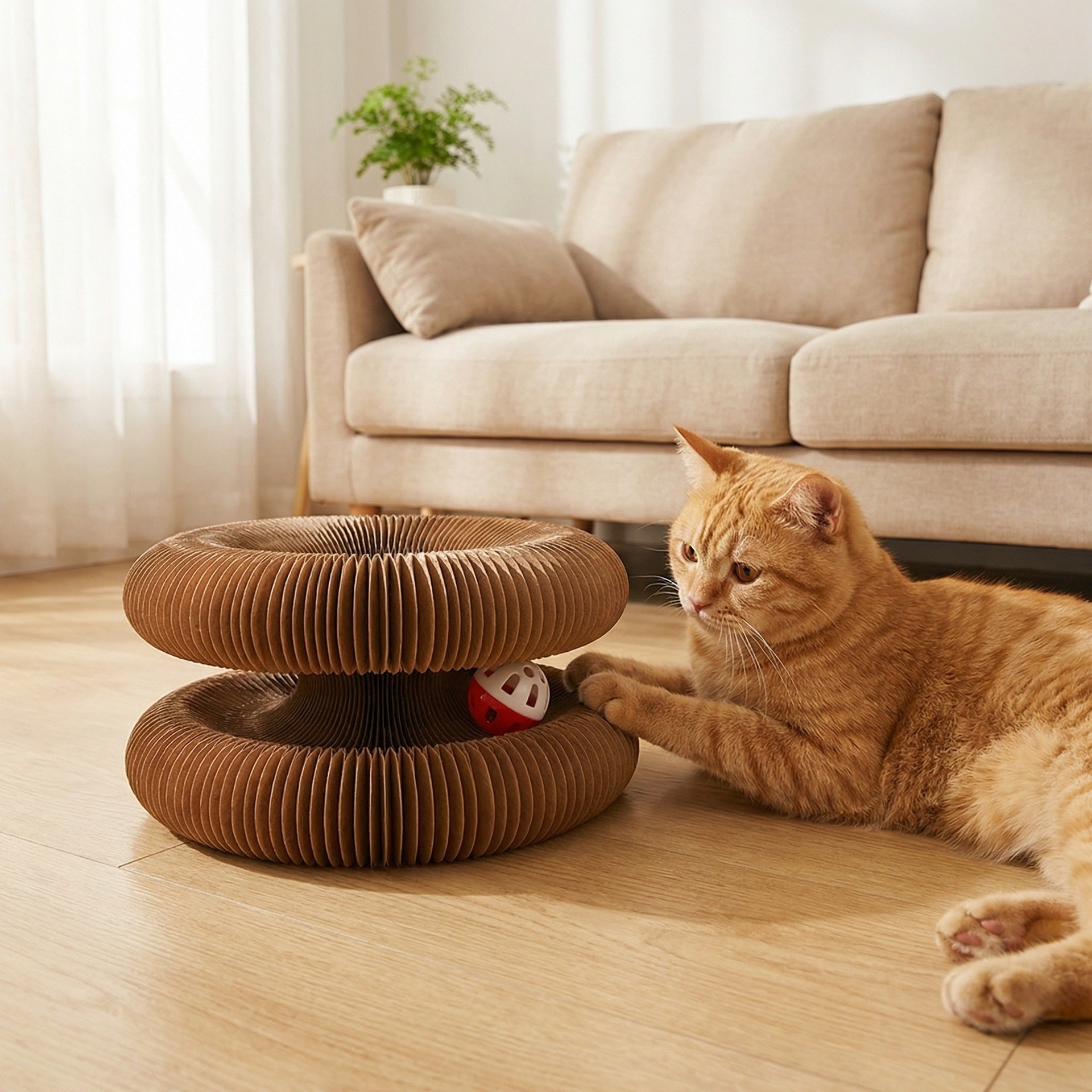 Foldable Corrugated Paper Cat Scratcher with Bells