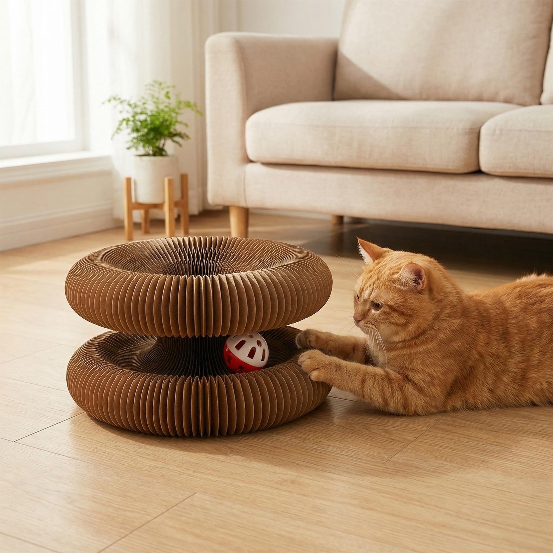 Foldable Corrugated Paper Cat Scratcher with Bells